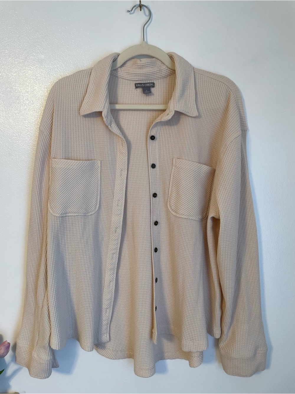 Cream waffle knit oversized button up with metal buttons size large Falls Creek